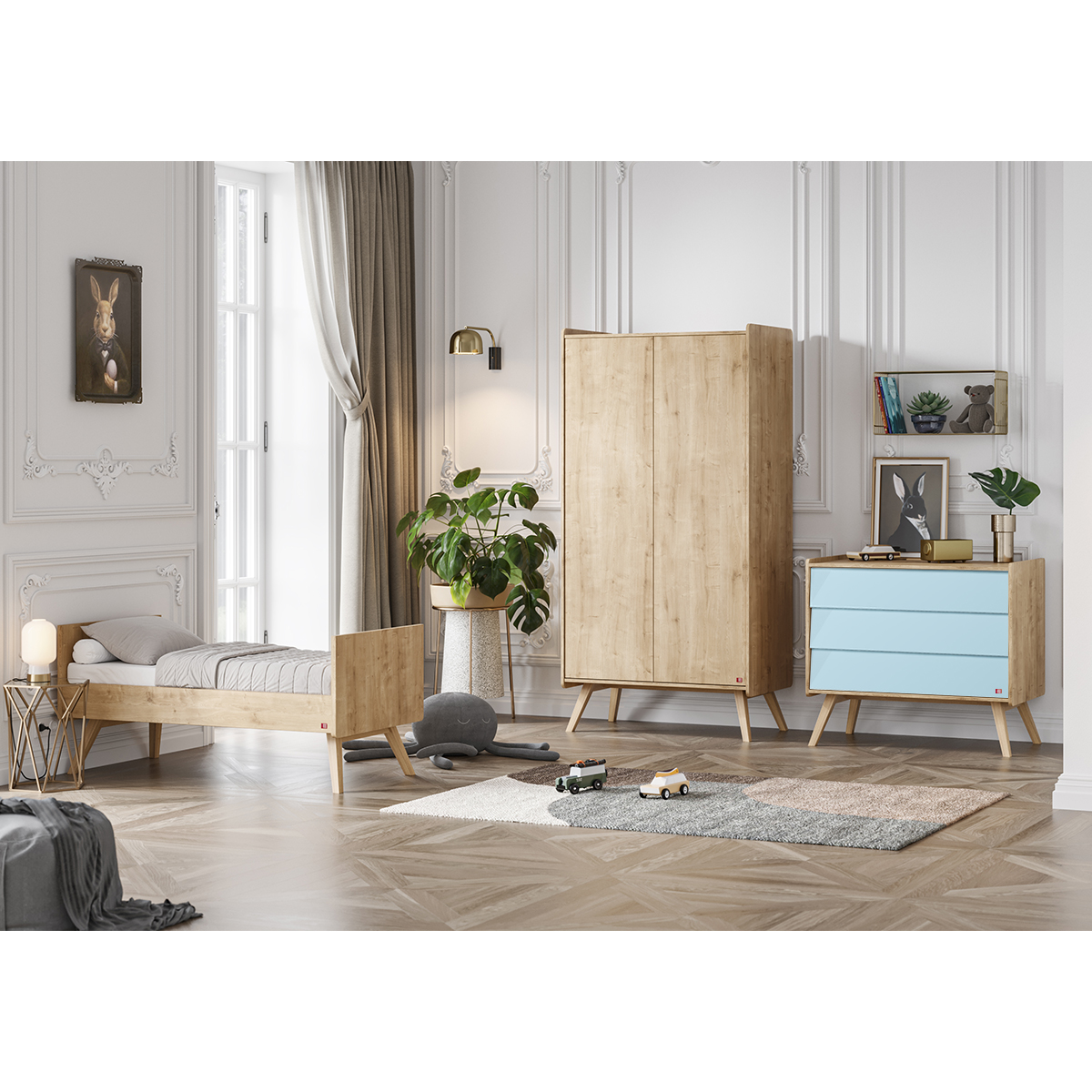 Chambre complète lit évolutif 70x140 - commode à langer - armoire 2 portes Vox Vintage - Bois Bleu