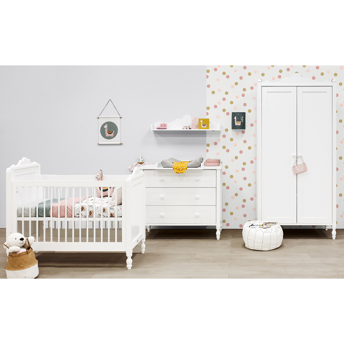 Chambre complète lit bébé 60x120 - commode 3 tiroirs - armoire 2 portes Bopita Belle - Blanc