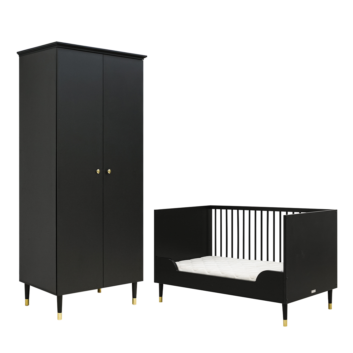 Lit évolutif 70x140 et armoire 2 portes Bopita Cloe - Noir Mat