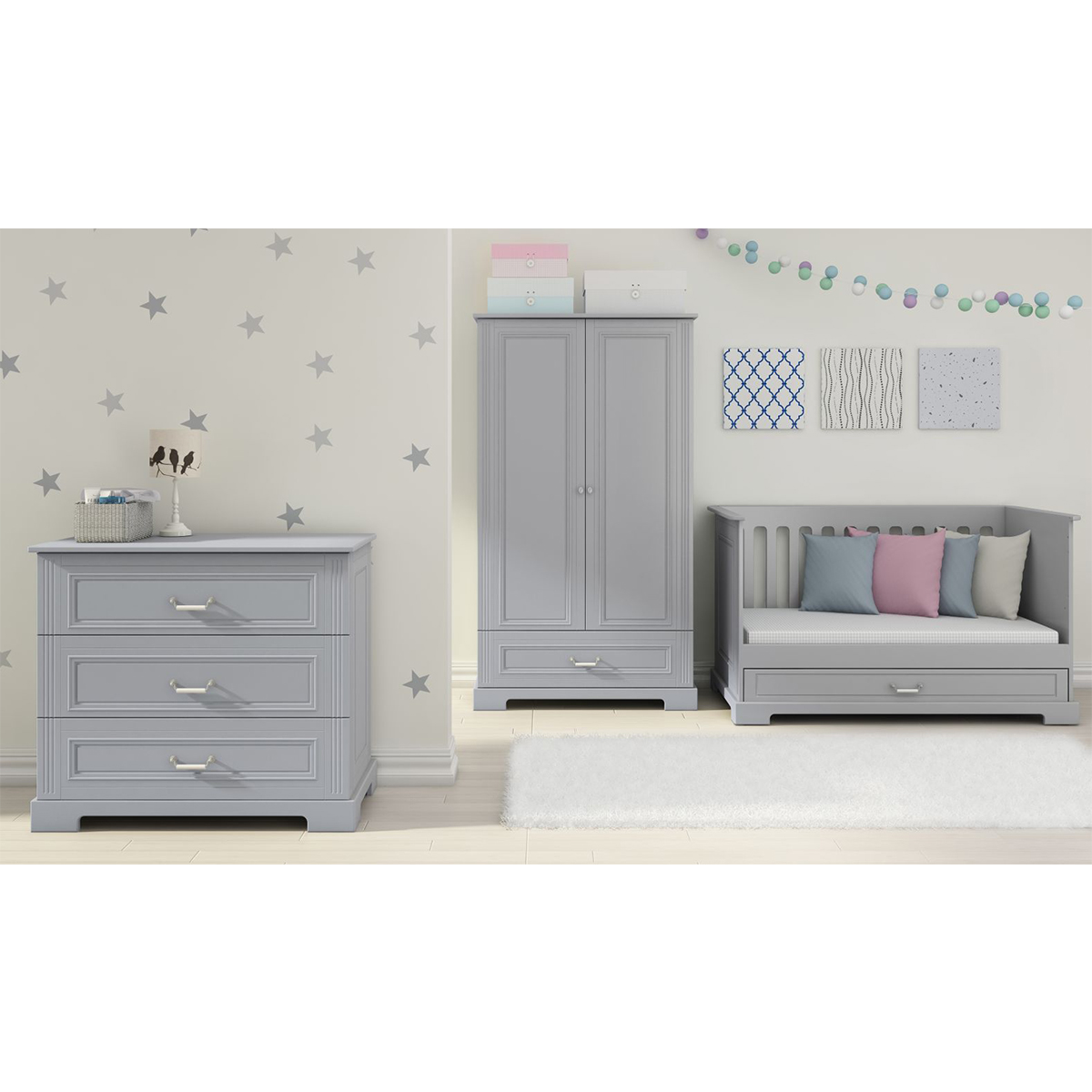 Ensemble lit bébé + commode + armoire blanc et gris - STELLA