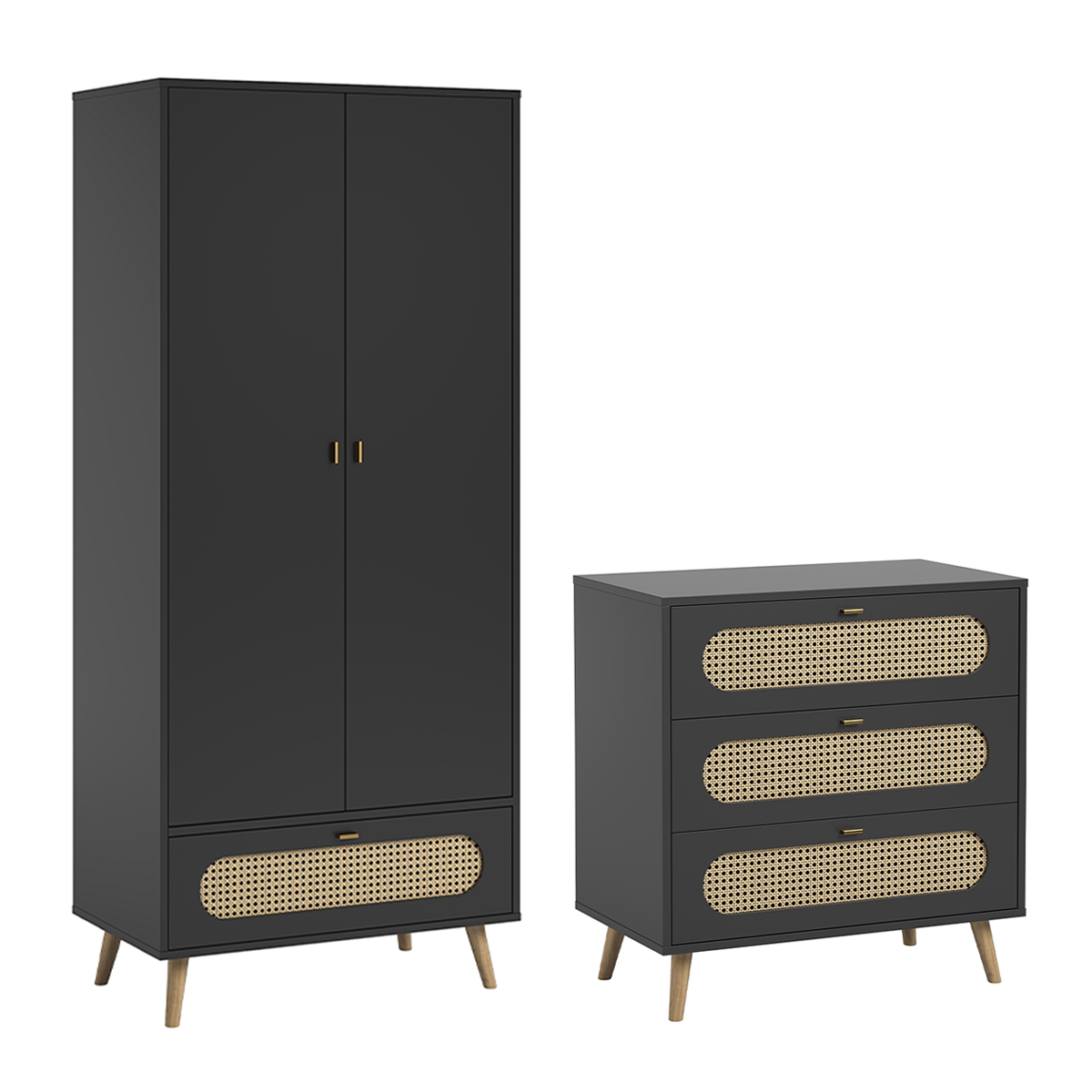 Commode 3 tiroirs et armoire 2 portes 1 tiroir Vox Canne - Noir