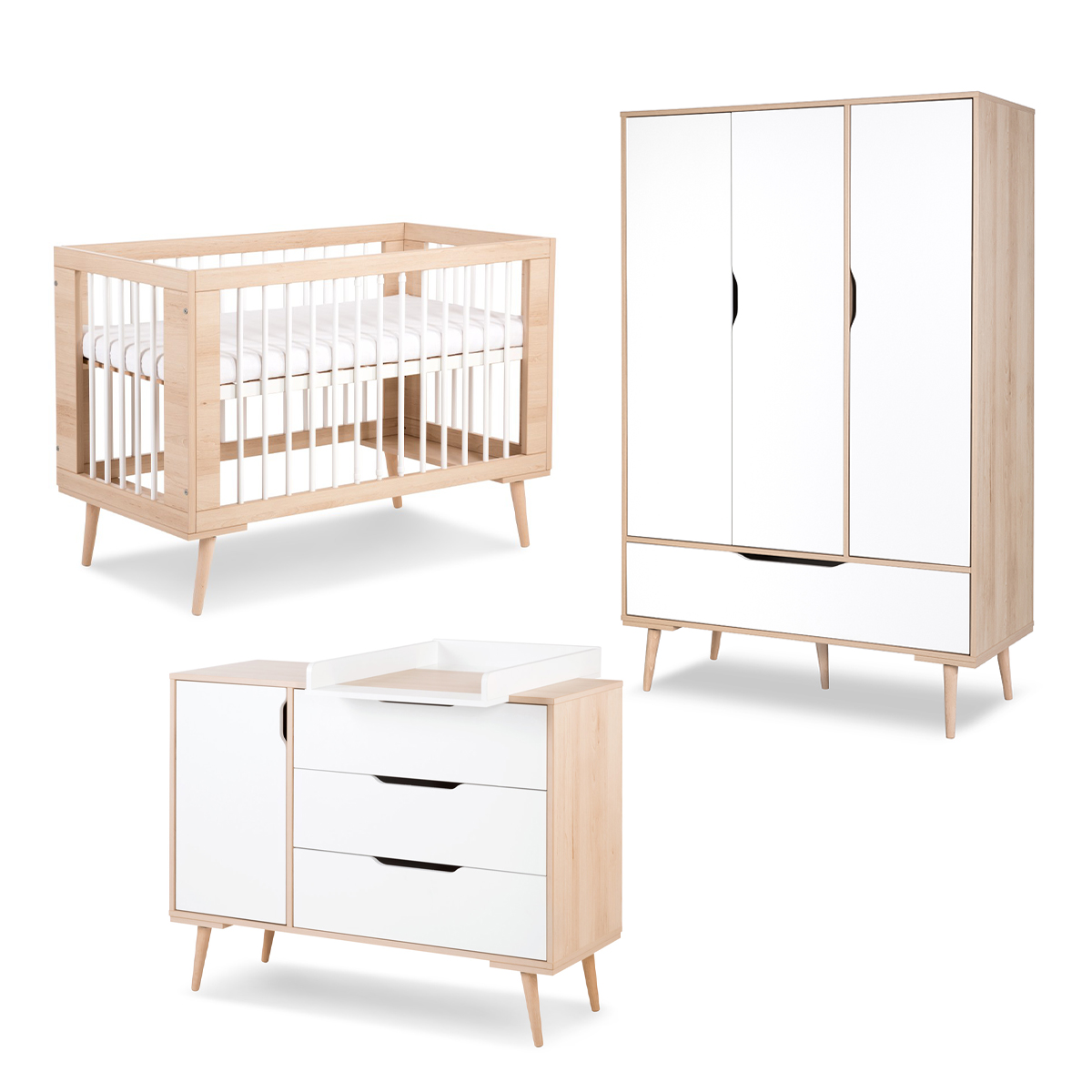 Chambre complète lit bébé 60x120 - commode à langer - armoire 3 portes LittleSky by Klups Sofie - Hêtre et blanc