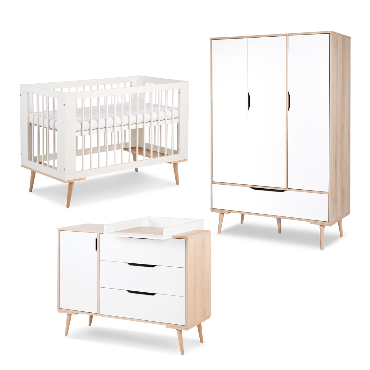 Chambre complète lit bébé 60x120 - commode à langer - armoire 3 portes LittleSky by Klups Sofie - Blanc