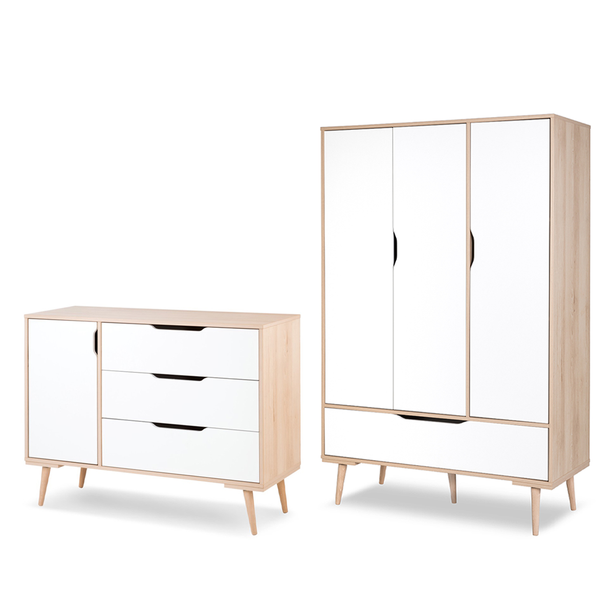 Chambre complète lit évolutif 60x120 commode à langer et armoire 3 portes  Pinio Swing - Blanc et bois - Packs/Chambre complète - tendresse de bébé