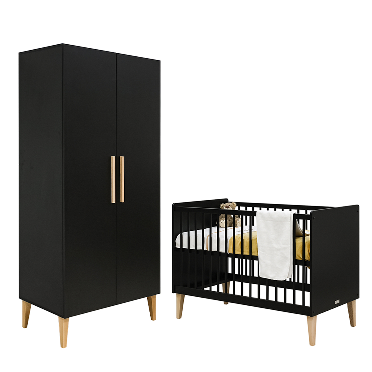 Lit bébé 60x120 et armoire 2 portes Bopita Lena - Noir et Bois