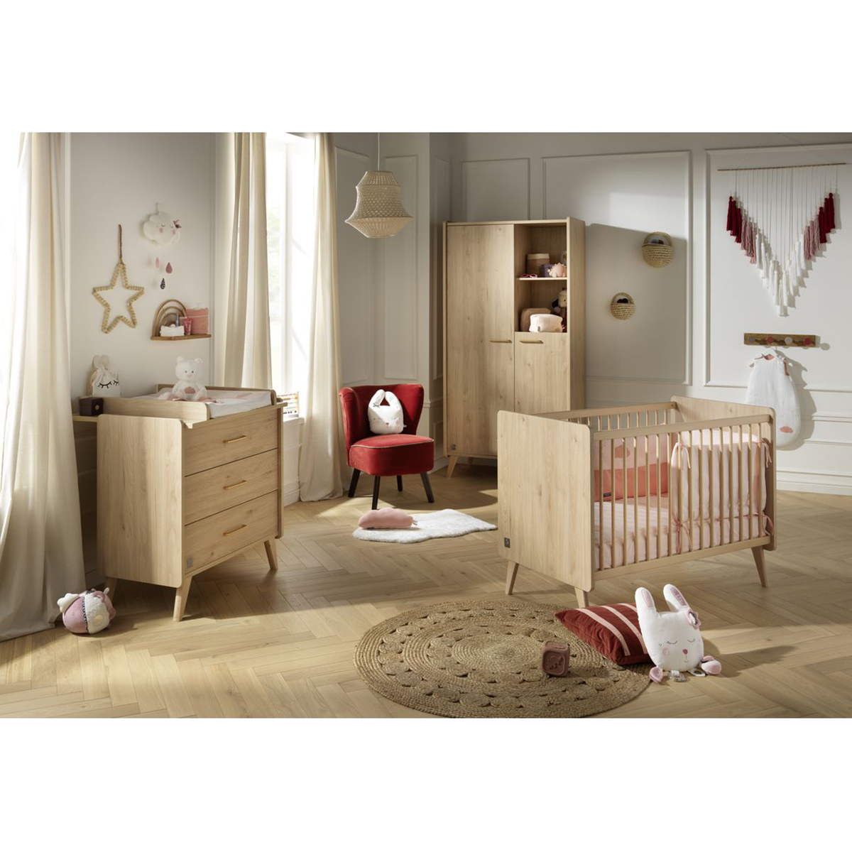Chambre complète lit bébé 60x120 commode à langer et armoire Sauthon Arty - Bois
