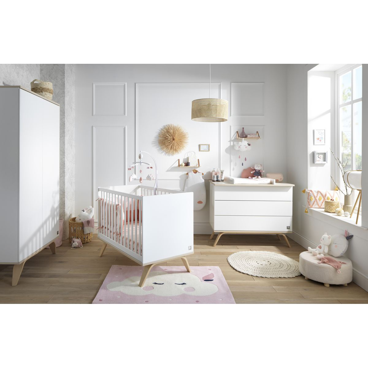 Chambre complète lit bébé 60x120 commode à langer et armoire Sauthon Serena - Blanc et bois