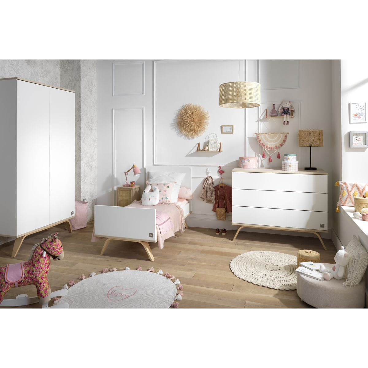 Chambre complète lit évolutif 70x140 commode à langer et armoire Sauthon Serena - Blanc et bois