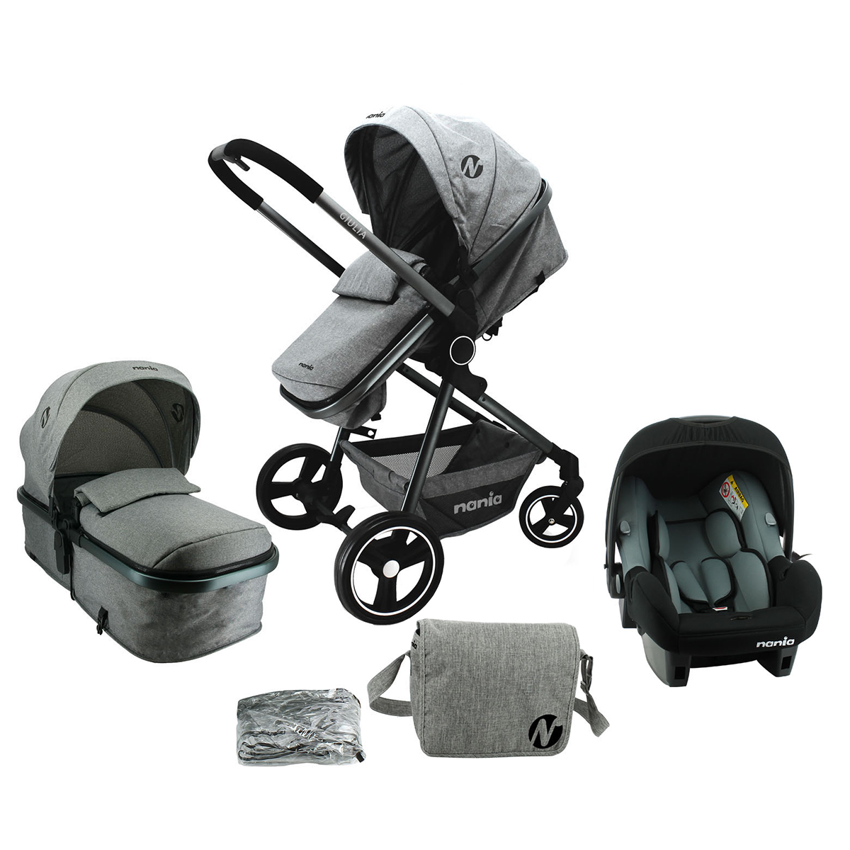 Poussette 3 en 1 Nania Giulia avec sac à langer, habillage pluie et siège  auto utilisable dès la naissance de bébé