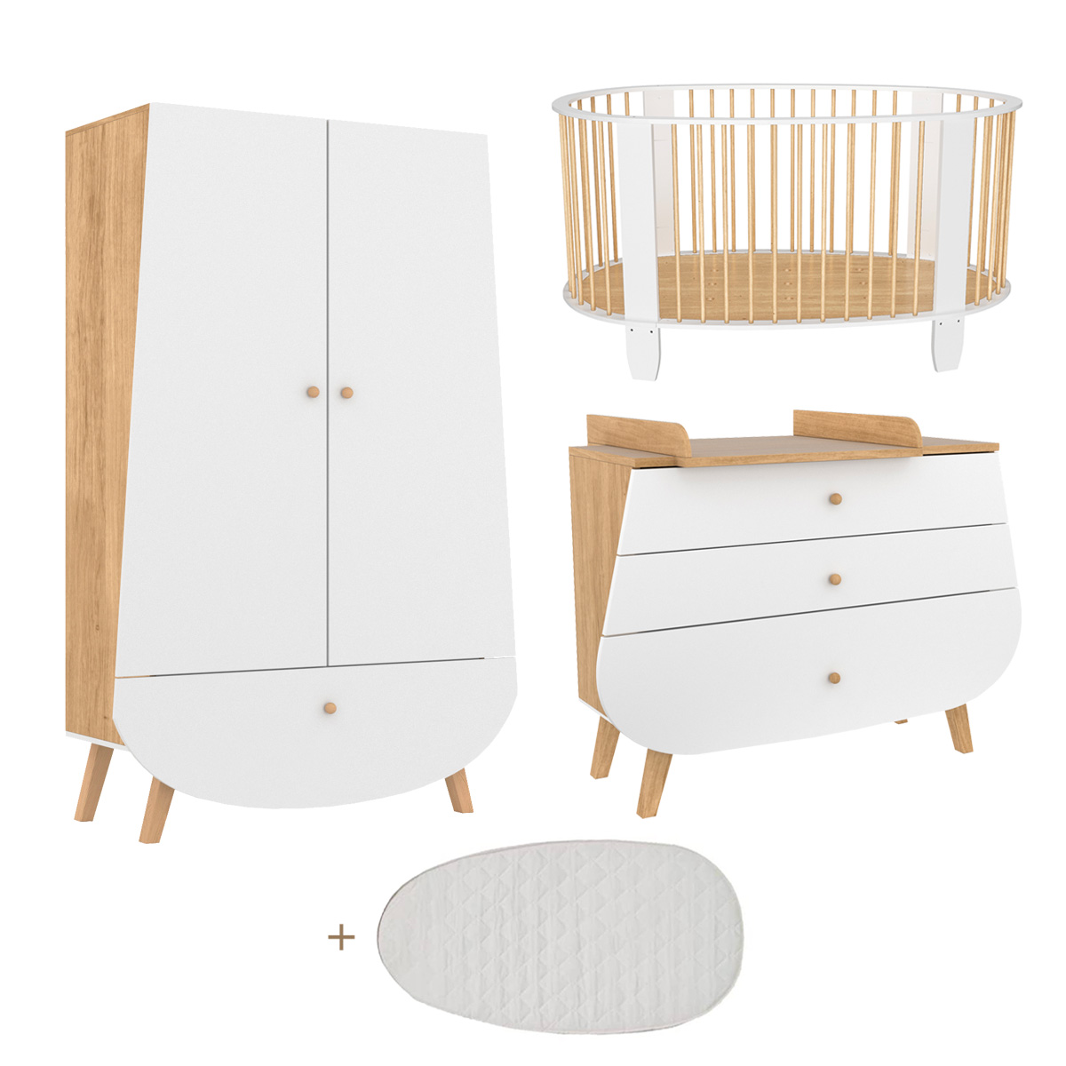 Chambre complète lit bébé 60x120 commode à langer et armoire Songes et Rigolades Cocon - Blanc et bois