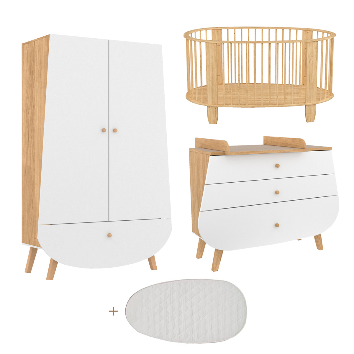 Chambre complète lit bébé 60x120 commode à langer et armoire Songes et Rigolades Cocon - Blanc et hêtre