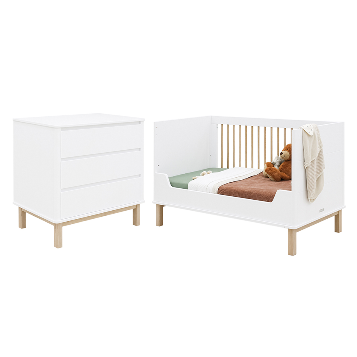 Lit évolutif 70x140 et commode 3 tiroirs Bopita Mika - Blanc et Bois