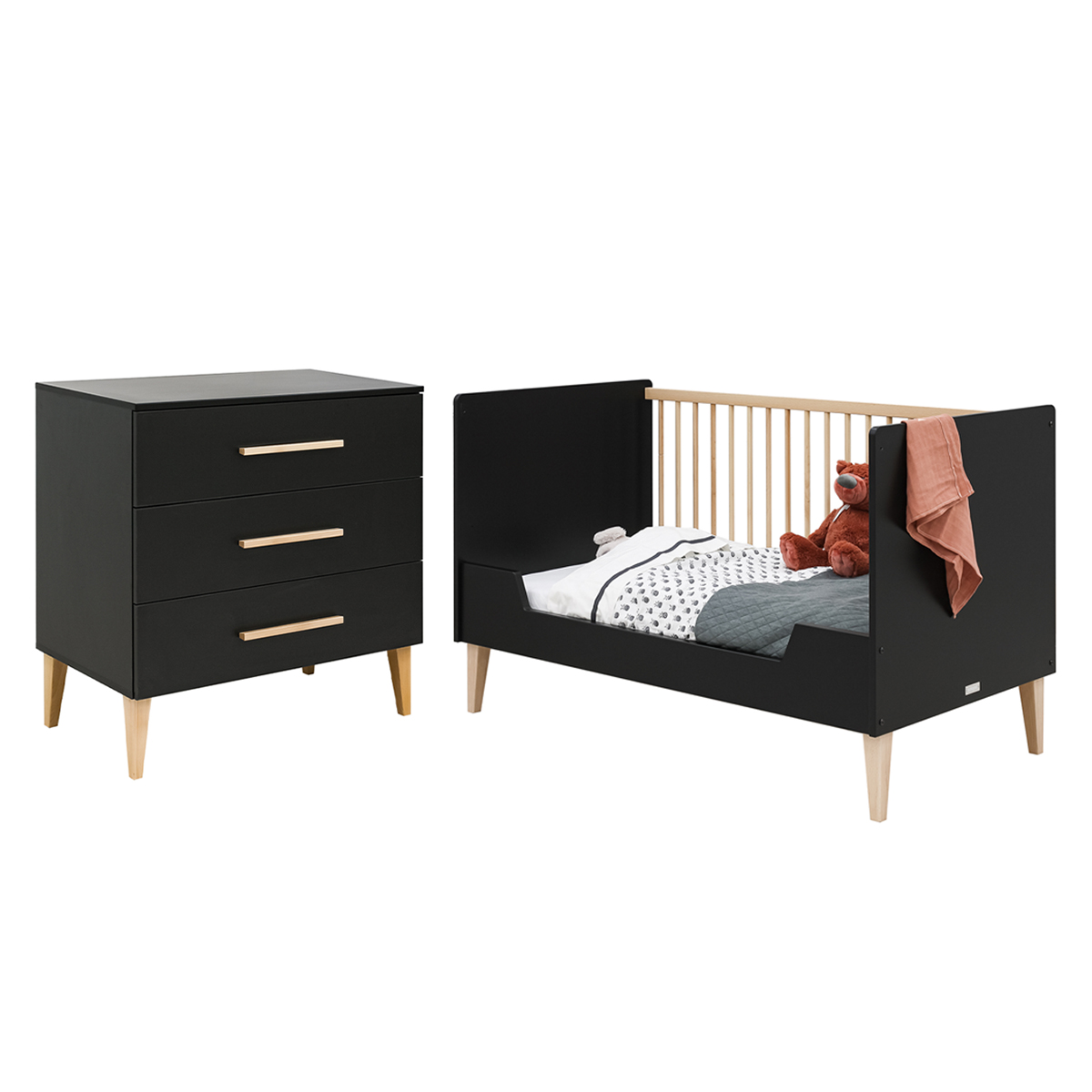 Lit évolutif 70x140 et commode 3 tiroirs Bopita Lena - Noir mat et Bois