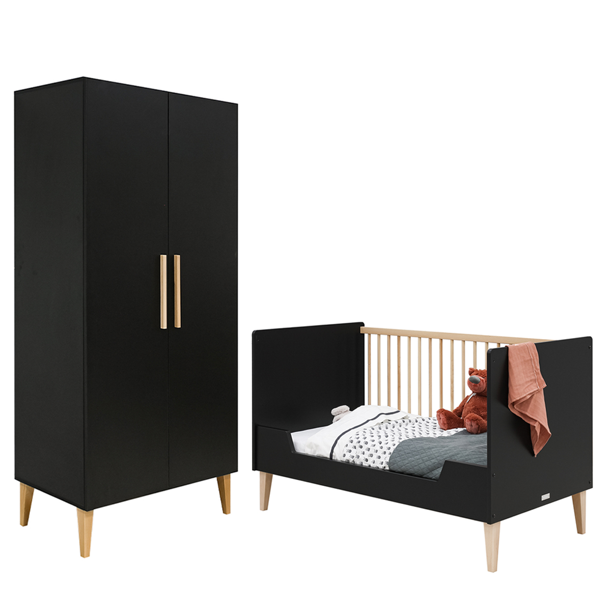 Lit évolutif 70x140 et armoire 2 portes Bopita Lena - Noir mat et Bois