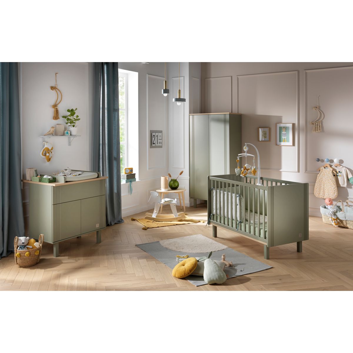 Chambre complète lit bébé 60x120, commode à langer et armoire Sauthon Eléonore - Kaki