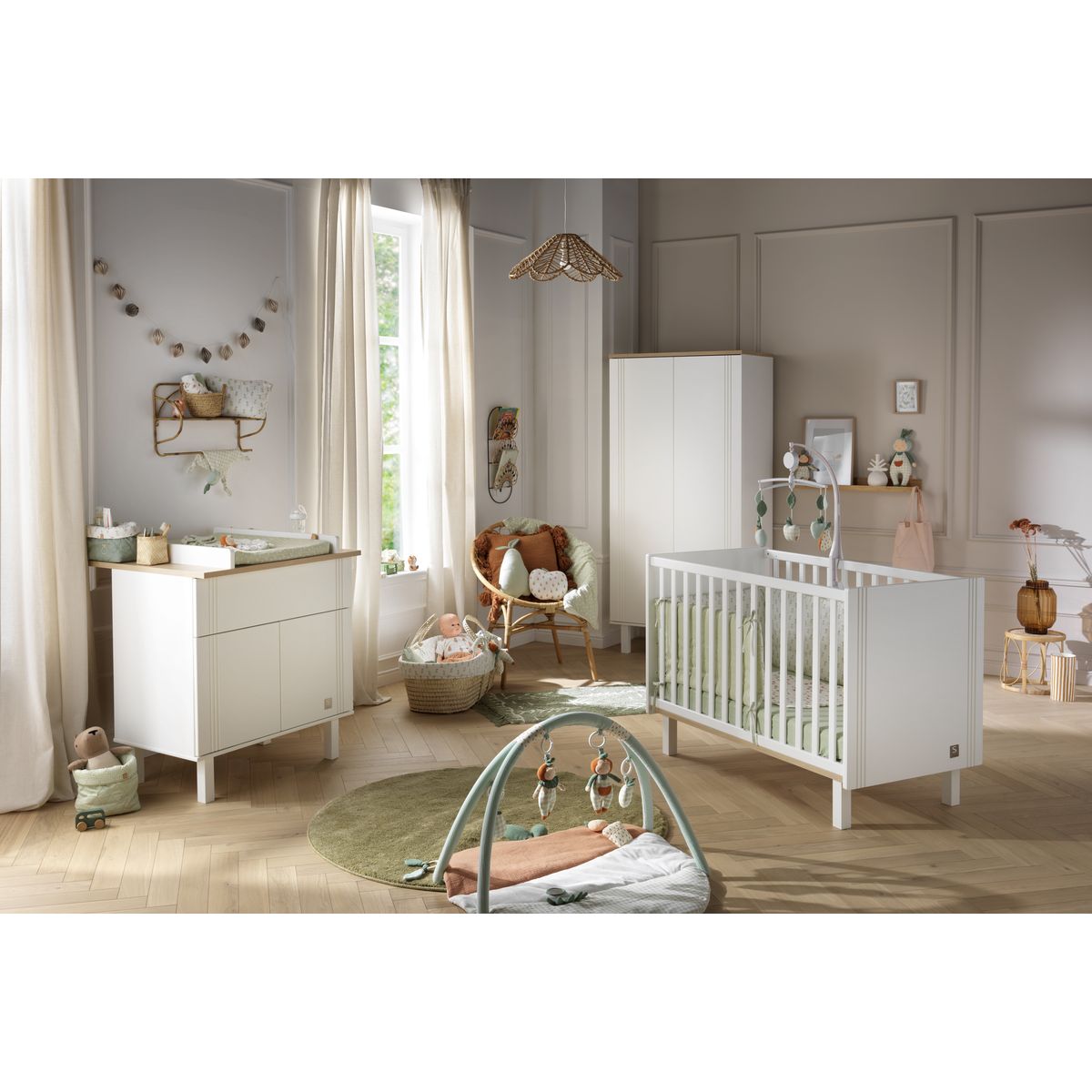 Chambre complète lit bébé 60x120, commode à langer et armoire Sauthon Eléonore - Blanc