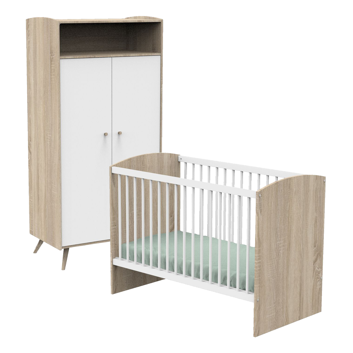 Lit bébé 60x120 et armoire Sauthon Access - Blanc et bois