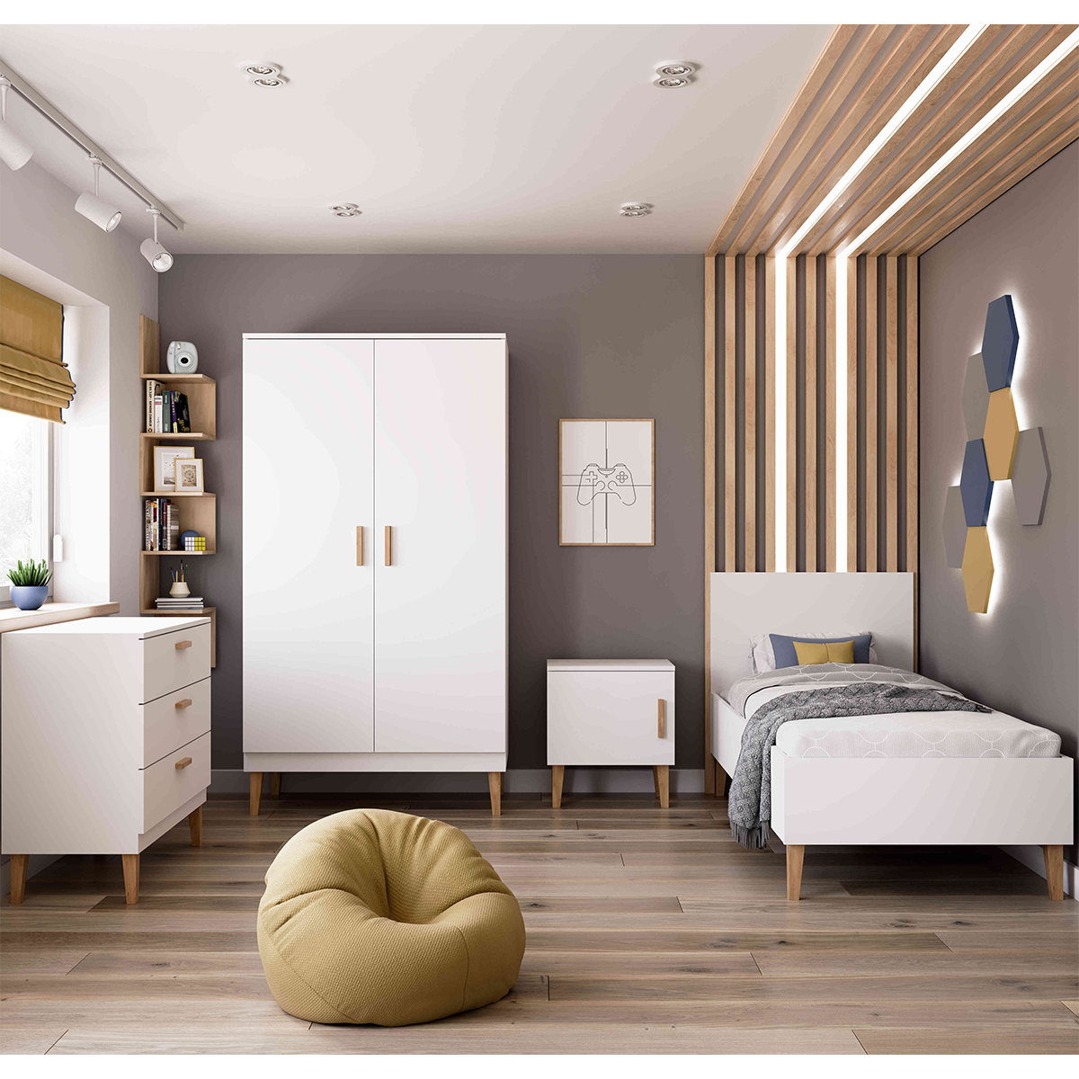 Chambre complète lit enfant 80x180, commode et armoire Kocot Kids Kubi - Blanc