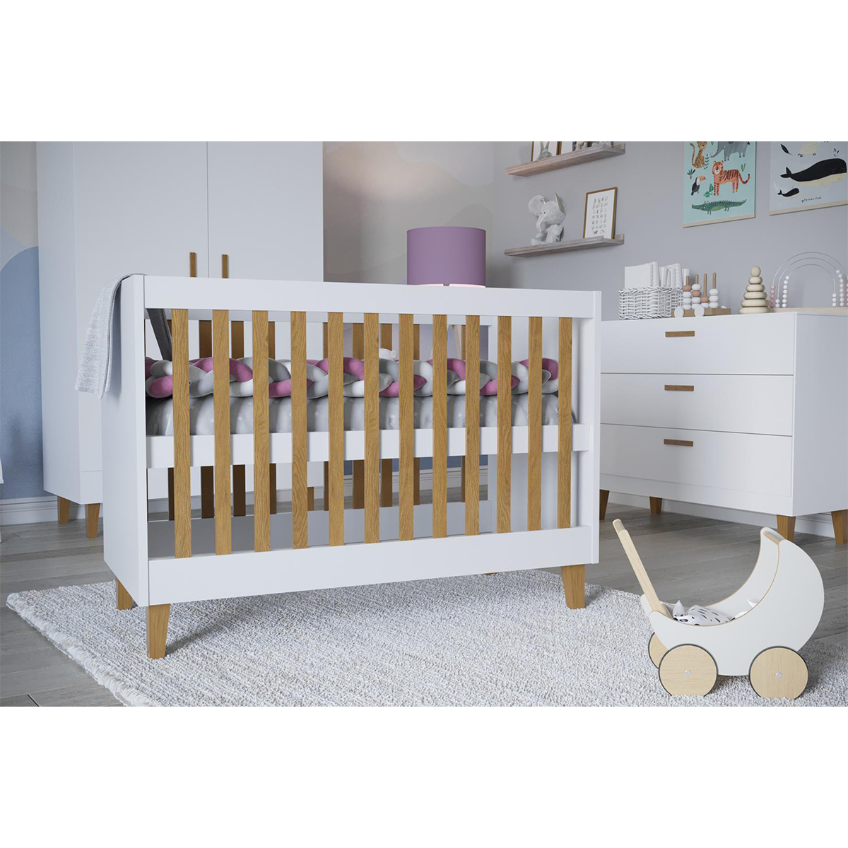 Chambre complète lit bébé 60x120, commode et armoire Kocot Kids Kubi - Blanc