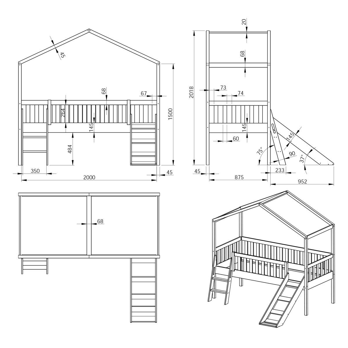 Lit Cabane Avec Tiroir & Voilage Dally - DACOHK1003 - Vipack