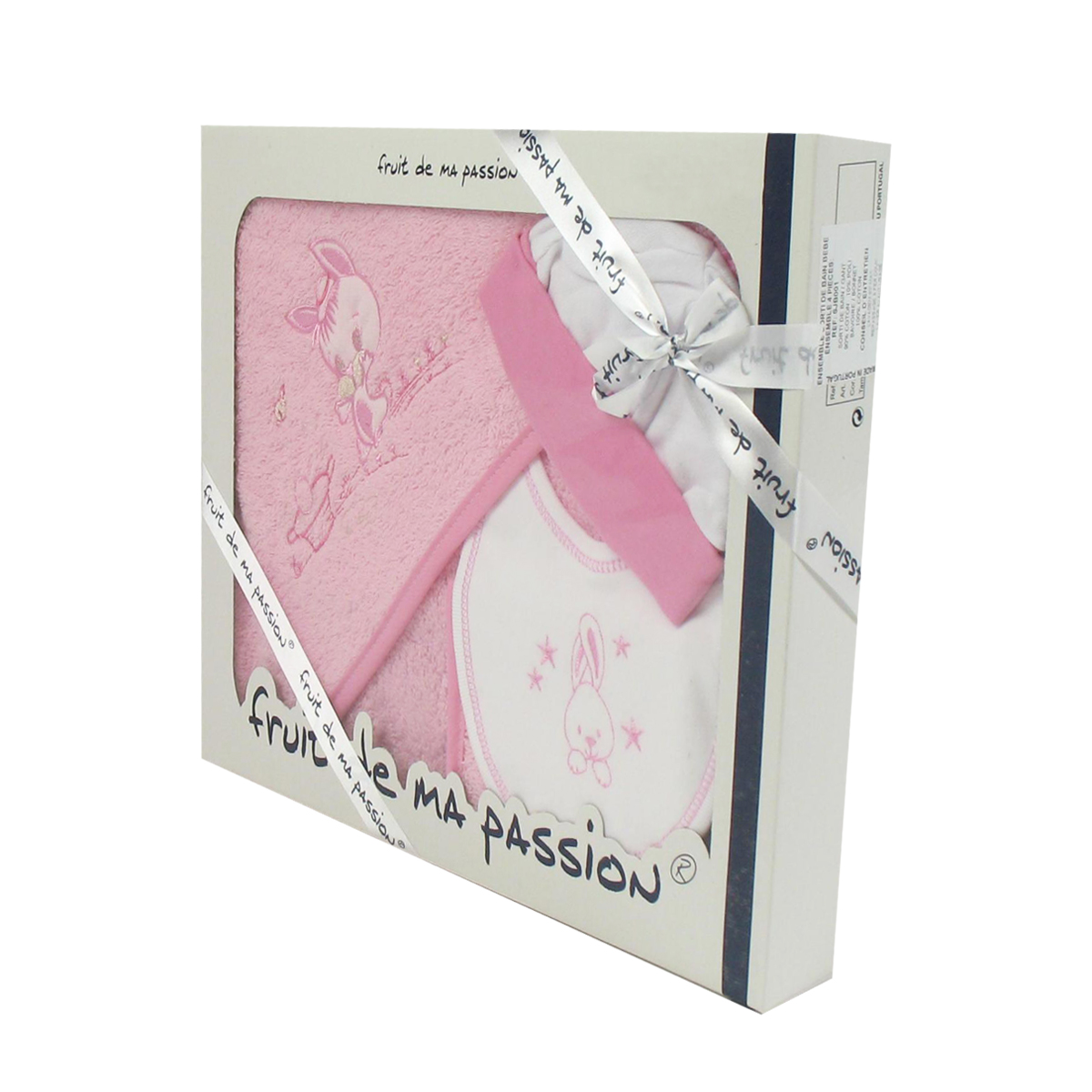 Coffret Bain Bébé 5 Pièces Fruit De Ma Passion - Coloris Rose Et Blanc - Serviette Capuche, Gants, Produits Doux