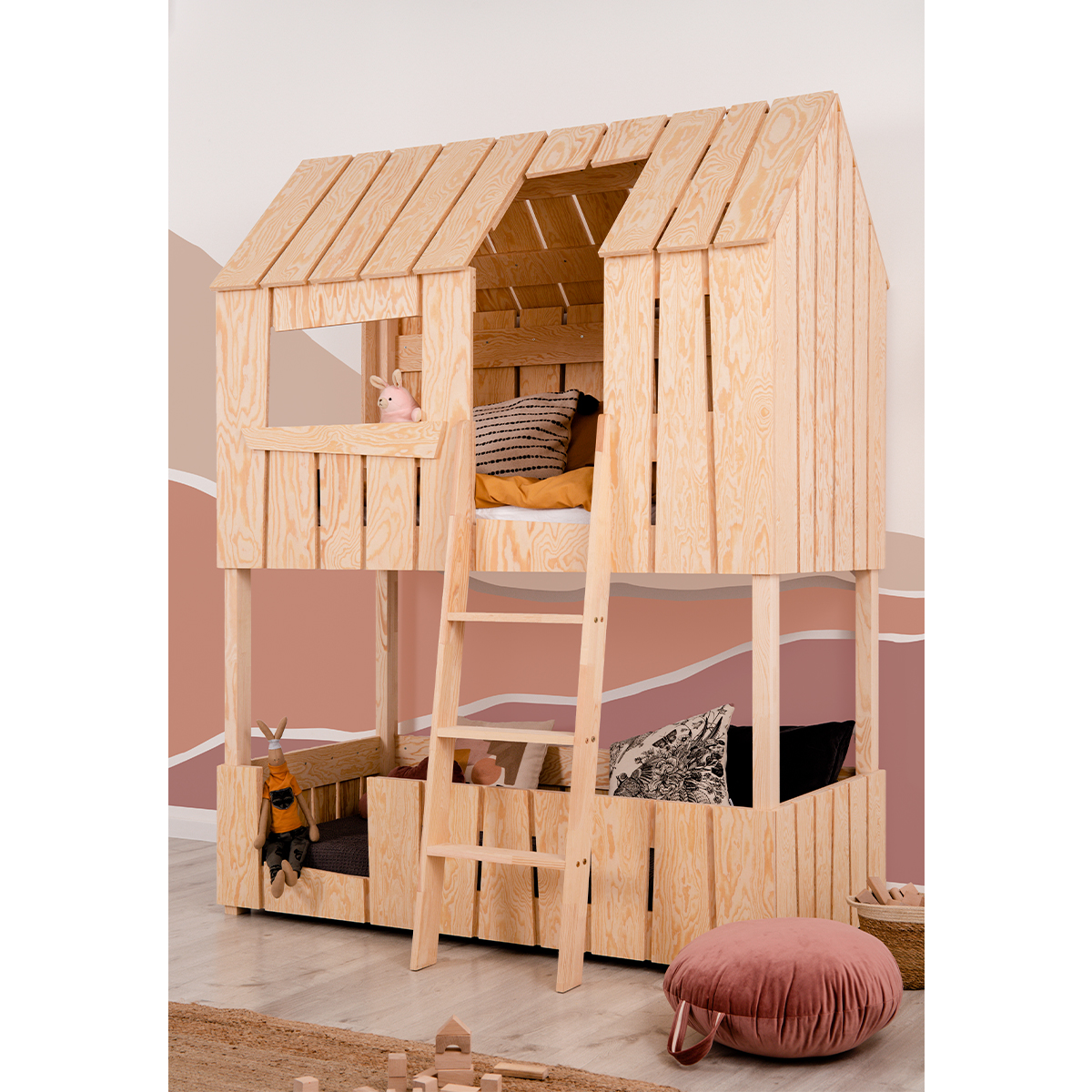 Lit cabane superposé 70x140 échelle à droite sommier inclus Chloé Bois -  Lits cabanes/Lit cabane superposé - petits-meubles
