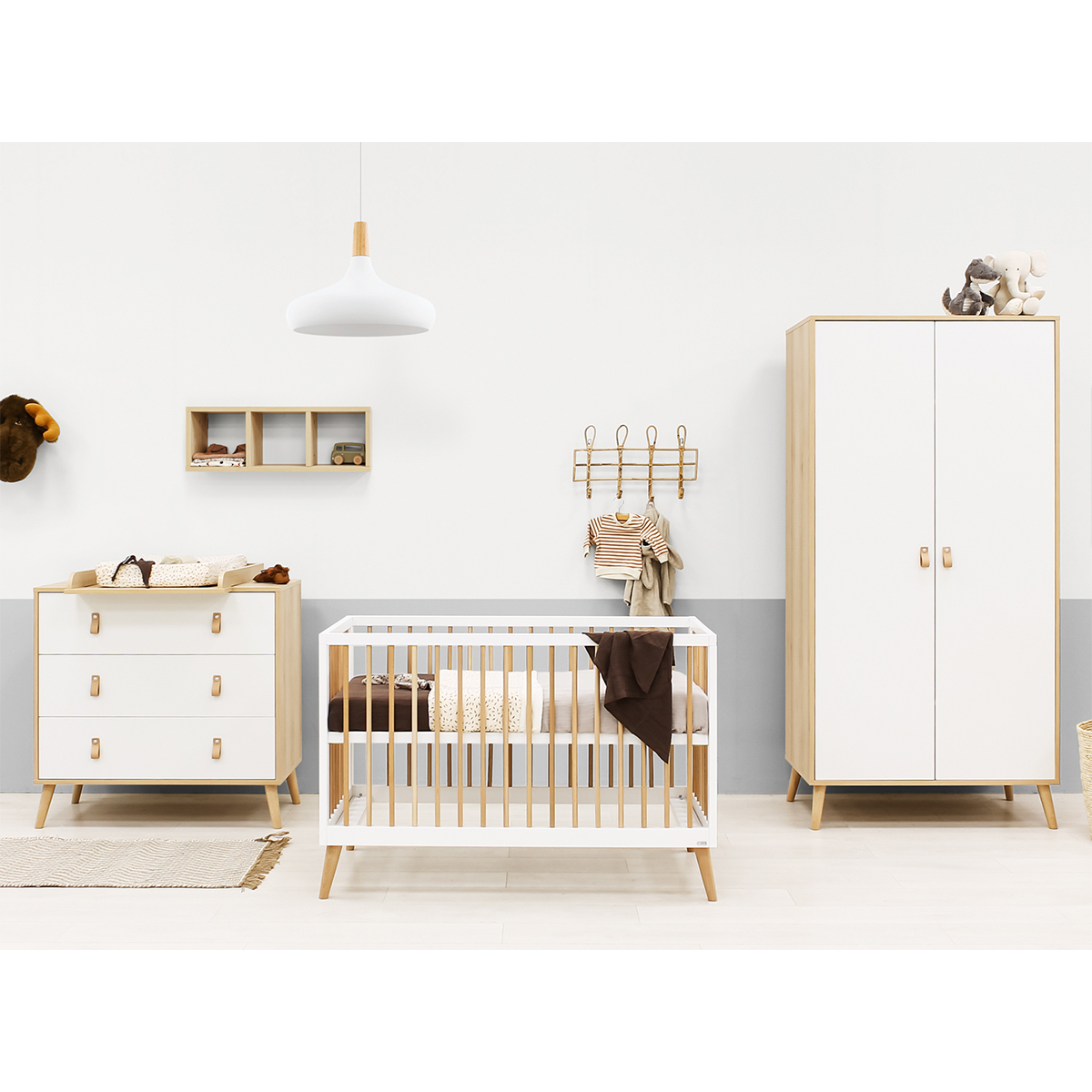 Chambre complète lit bébé 60x120 commode à langer et armoire 2 portes Toi Toi Kids Jort - Blanc et bois