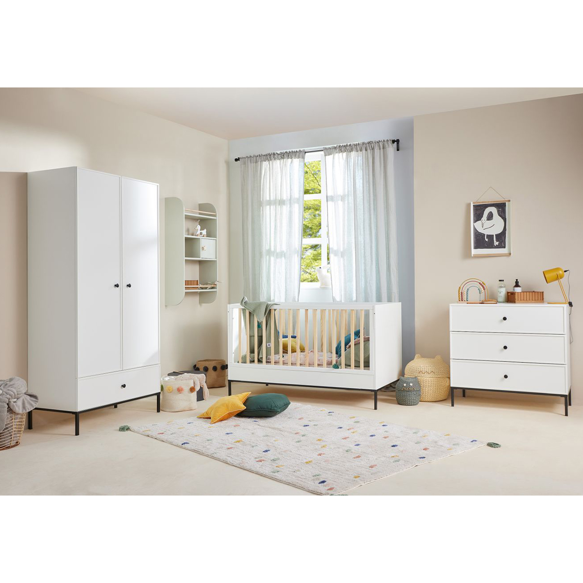 Chambre complète lit bébé 60x120 commode à langer et armoire 2 portes  laurie - blanc et bois