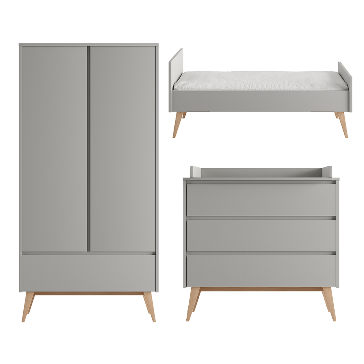 Chambre complète lit évolutif 70x140 commode à langer et armoire 2 portes Pinio Swing - Gris et bois