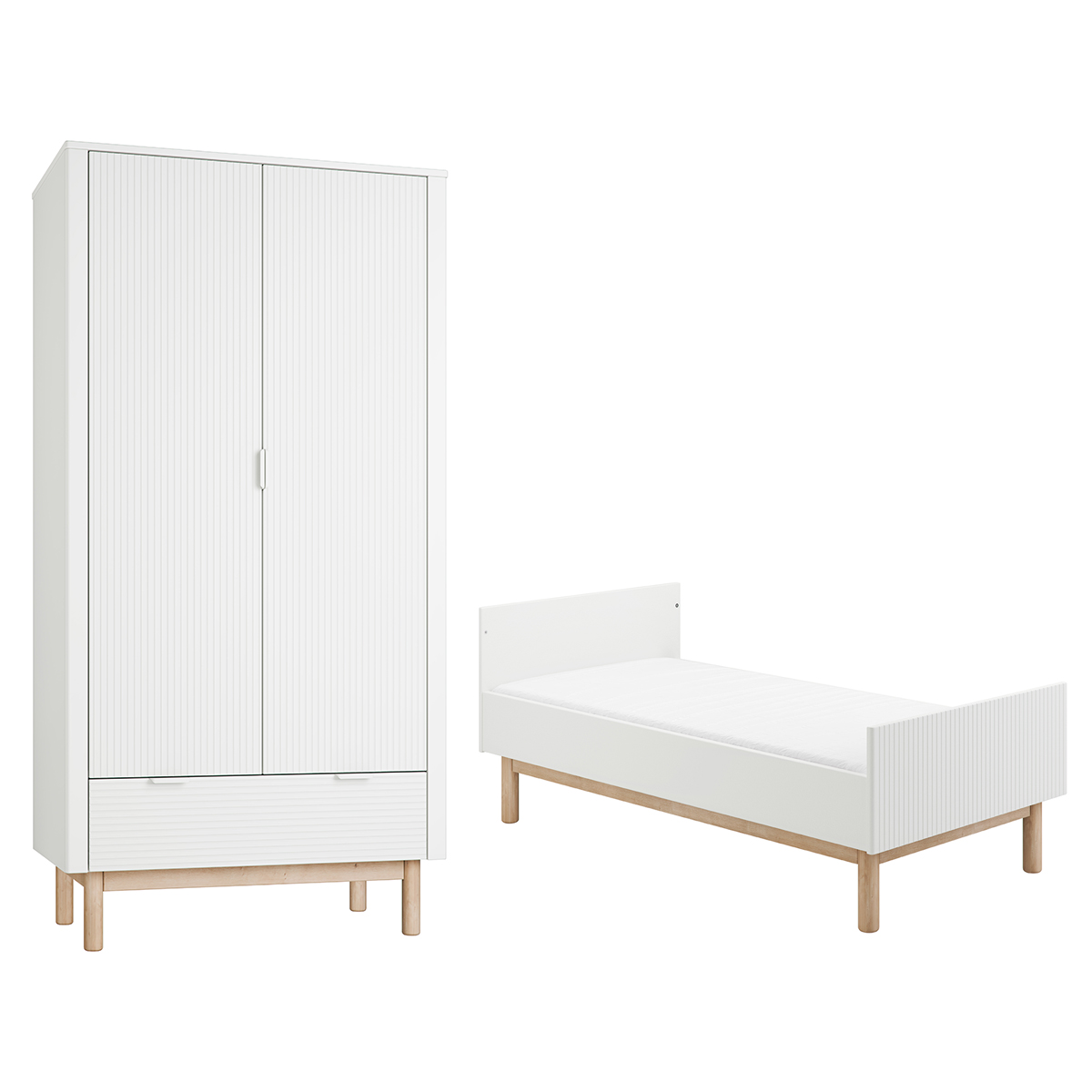 Lit évolutif 70x140 et armoire 2 portes Pinio Miloo - Blanc