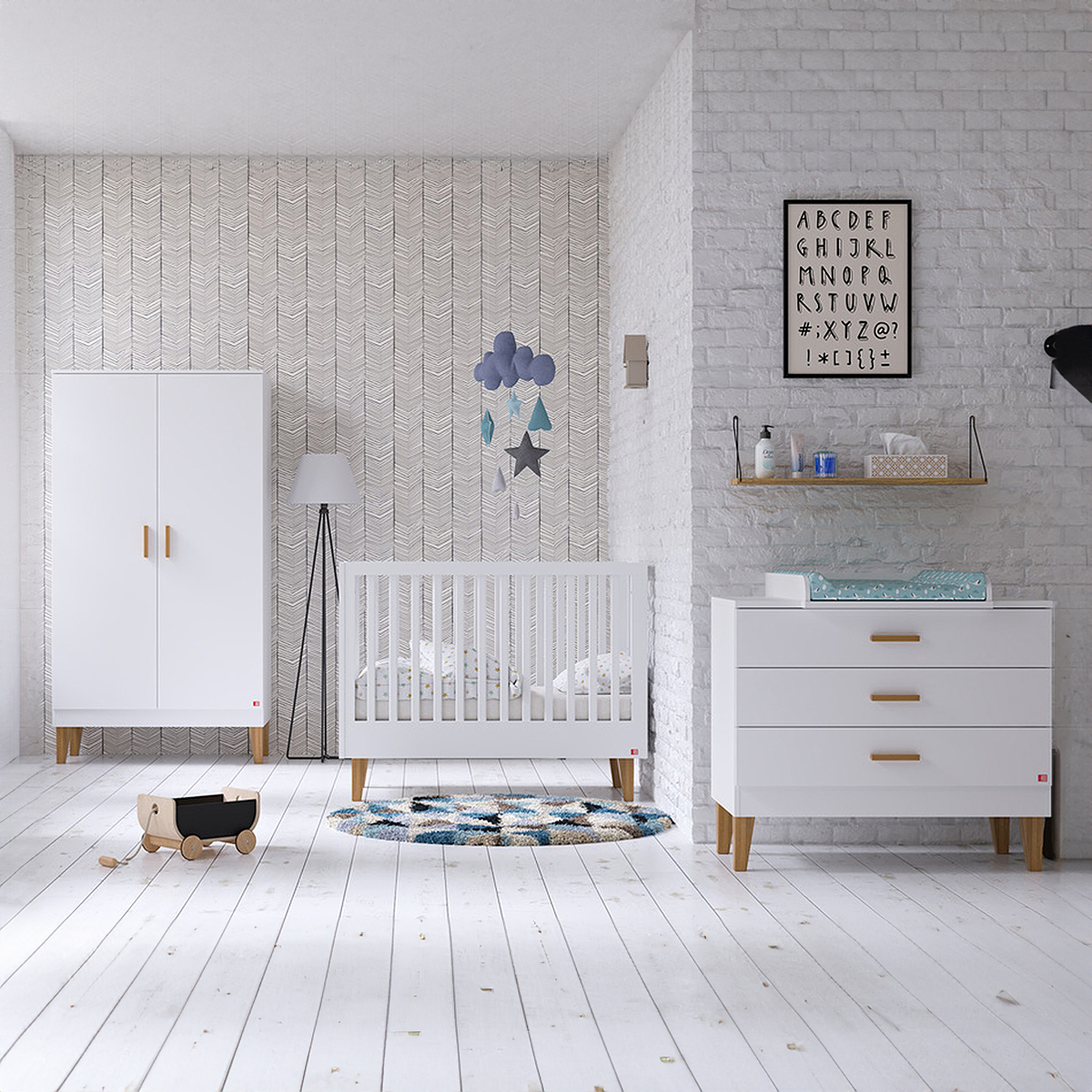 Chambre complète lit bébé 60x120 - commode à langer - armoire 2 portes Vox Lounge - Blanc
