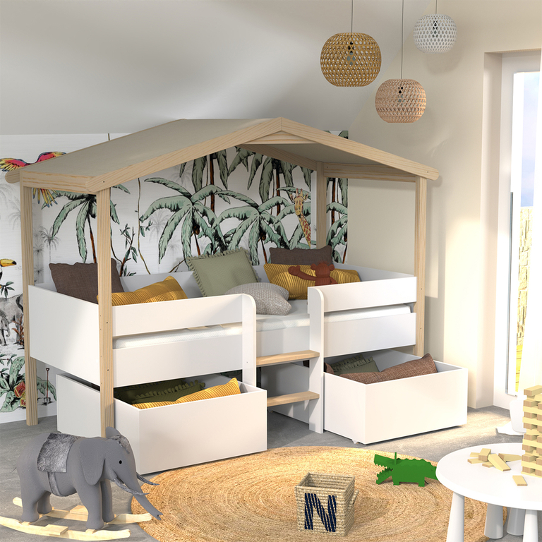Lit cabane enfant avec toit et fenêtre en bois blanc 90x200 + tiroir de lit