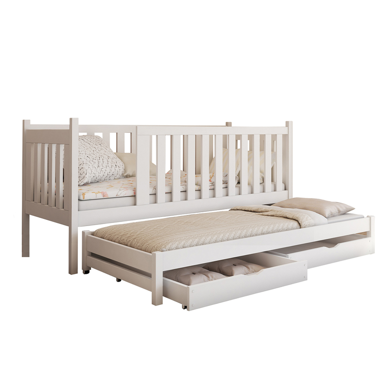 Lit Enfant 90x190 Avec Tête De Lit Rembourrée Velours Et Lit Gigogne Intégré - Cadre Bois, Sommier à Lattes - Beige