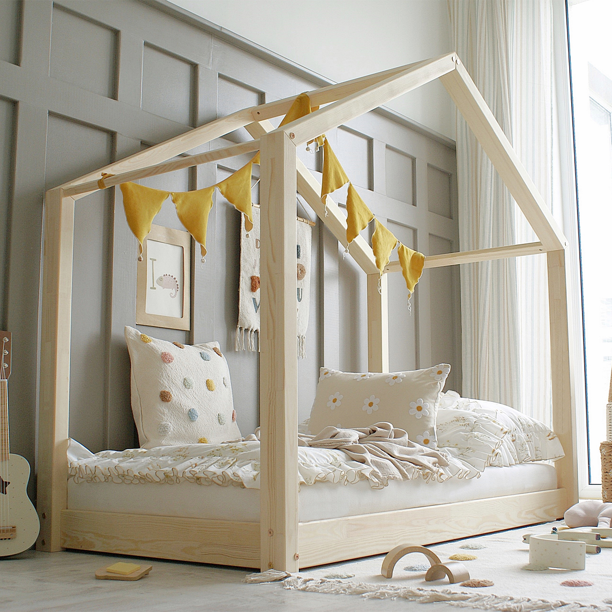 Lit cabane 90x200 sommier inclus pieds 1 cm Susan - Bois