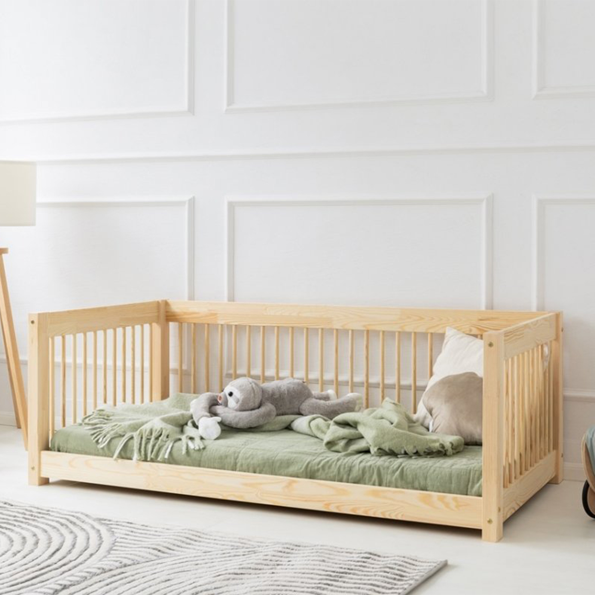 Lit Au Sol Enfant 90x190 Cm En Pin Massif - Avec Barrière De Sécurité, Style Montessori, Charge 230 Kg