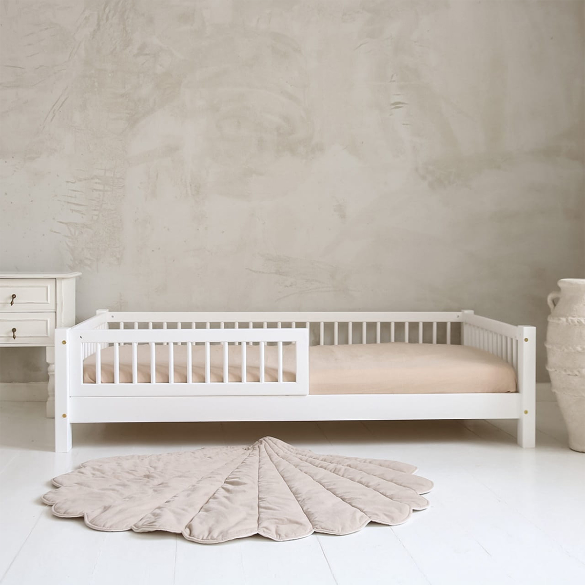 Lit Au Sol 90x190 Cm Avec Barrières – Design étoiles Et Lune, Bois Pin, Blanc, Sans Matelas