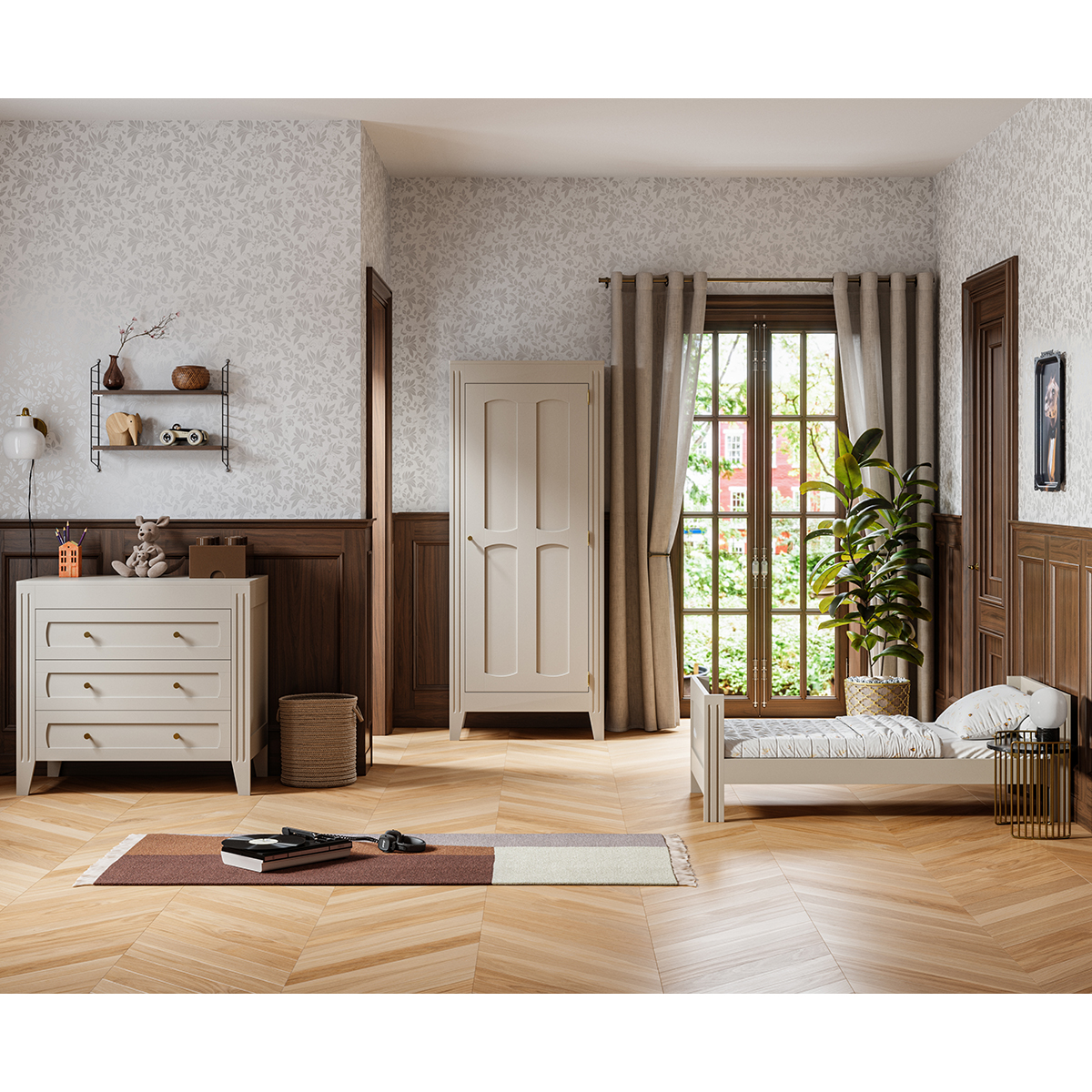 Chambre complète lit évolutif 70x140 commode à langer et armoire 1 porte Vox Milenne - Cachemire