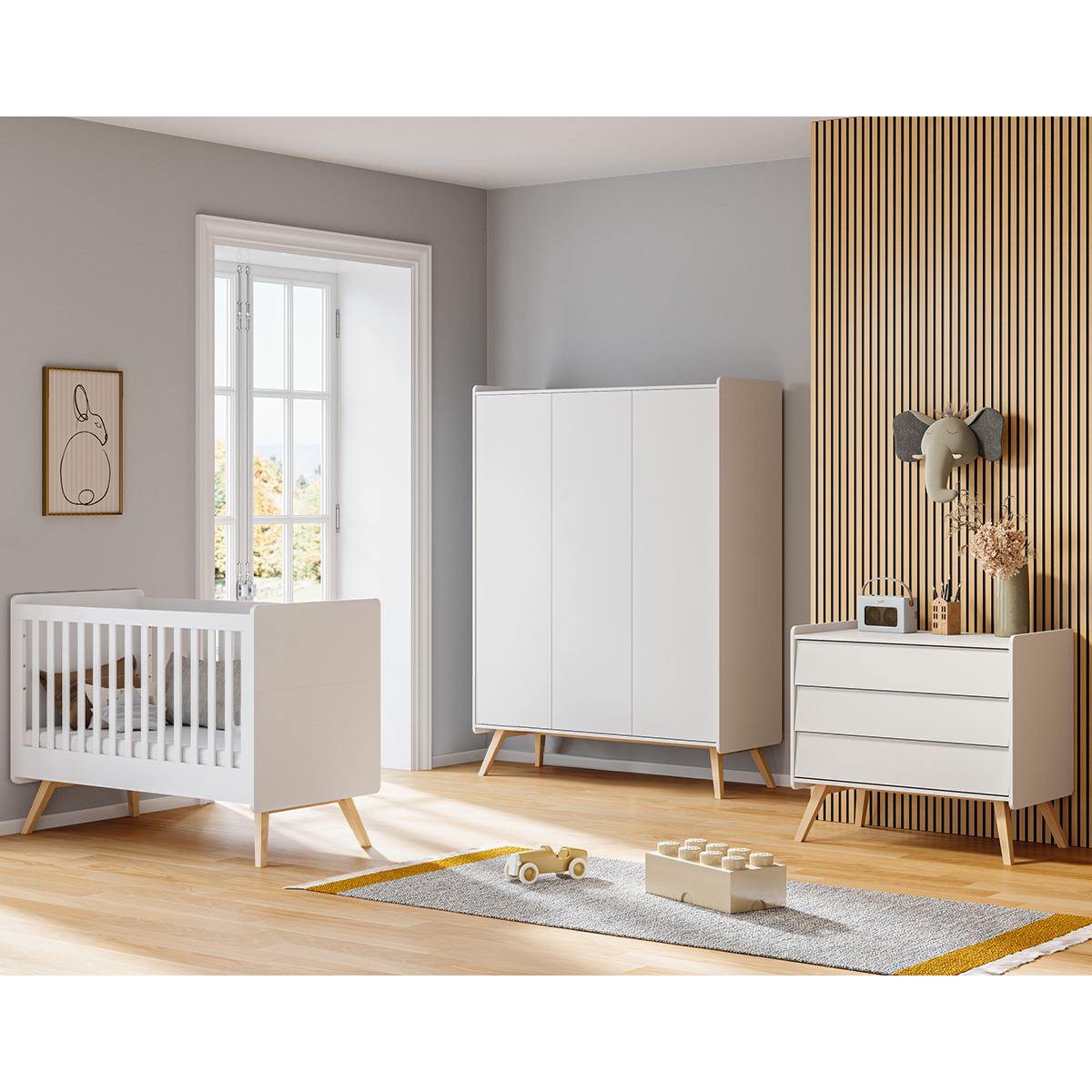 Chambre complète lit bébé 60x120 commode à langer et armoire 3 portes Vox Vintage - Blanc et Bois