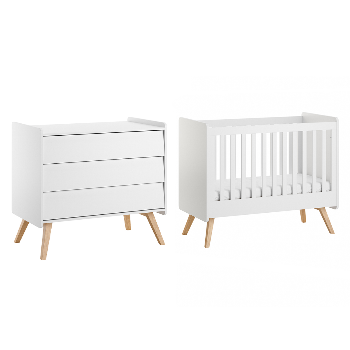 Lit bébé 60x120 et commode 3 tiroirs Vox Vintage - Blanc et Bois