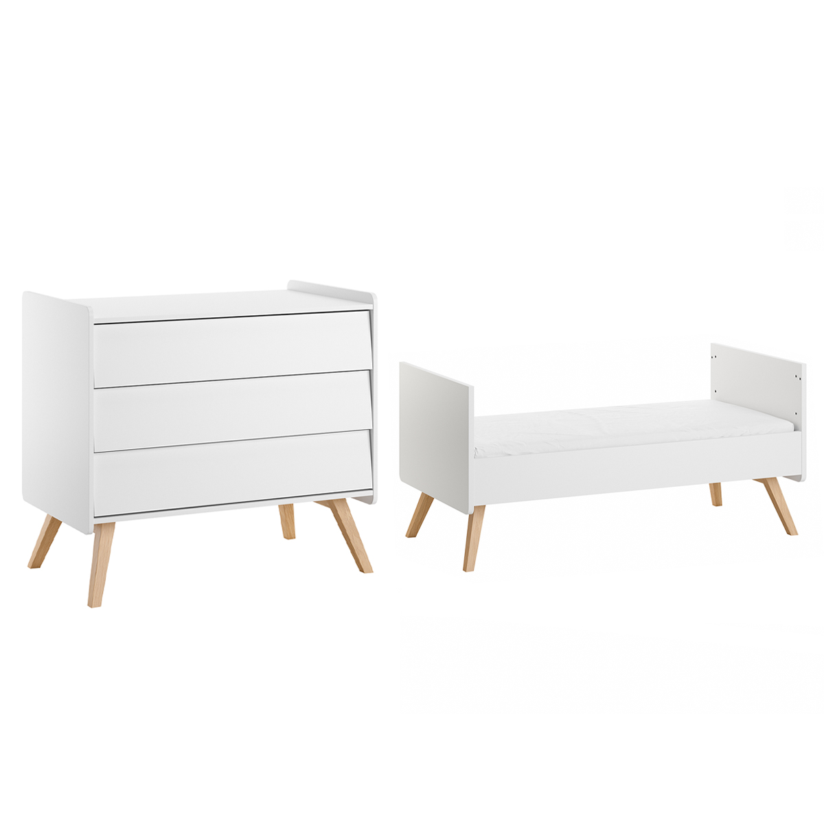Lit évolutif 70x140 et commode 3 tiroirs Vox Vintage - Blanc et Bois