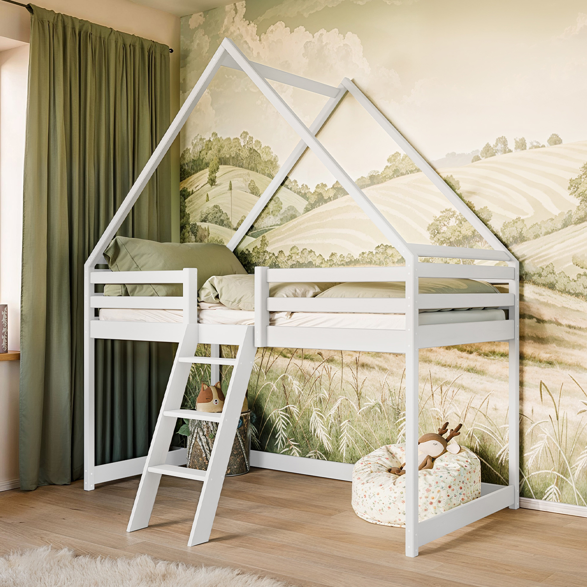 Lit cabane mi-hauteur 90x200 sommier inclus Coraline - Blanc