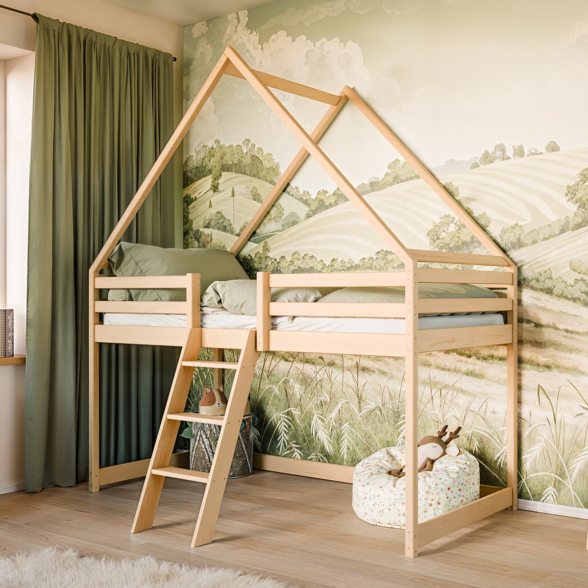 Lit cabane mi-hauteur 90x200 sommier inclus Coraline - Bois