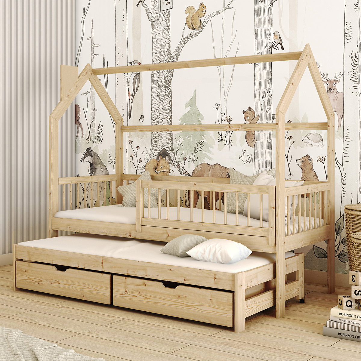 Lit cabane 90x200 sommiers lit gigogne et tiroirs Lino - Bois