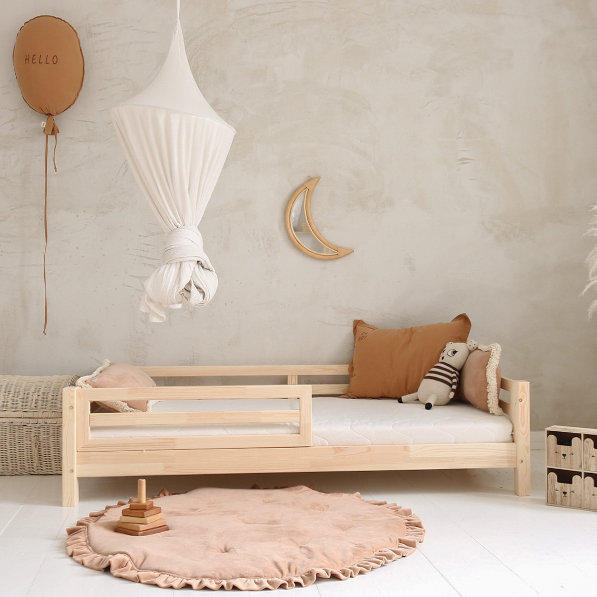 Lit 90x190 barrière et sommier inclus pieds 10 cm Myléna - Bois