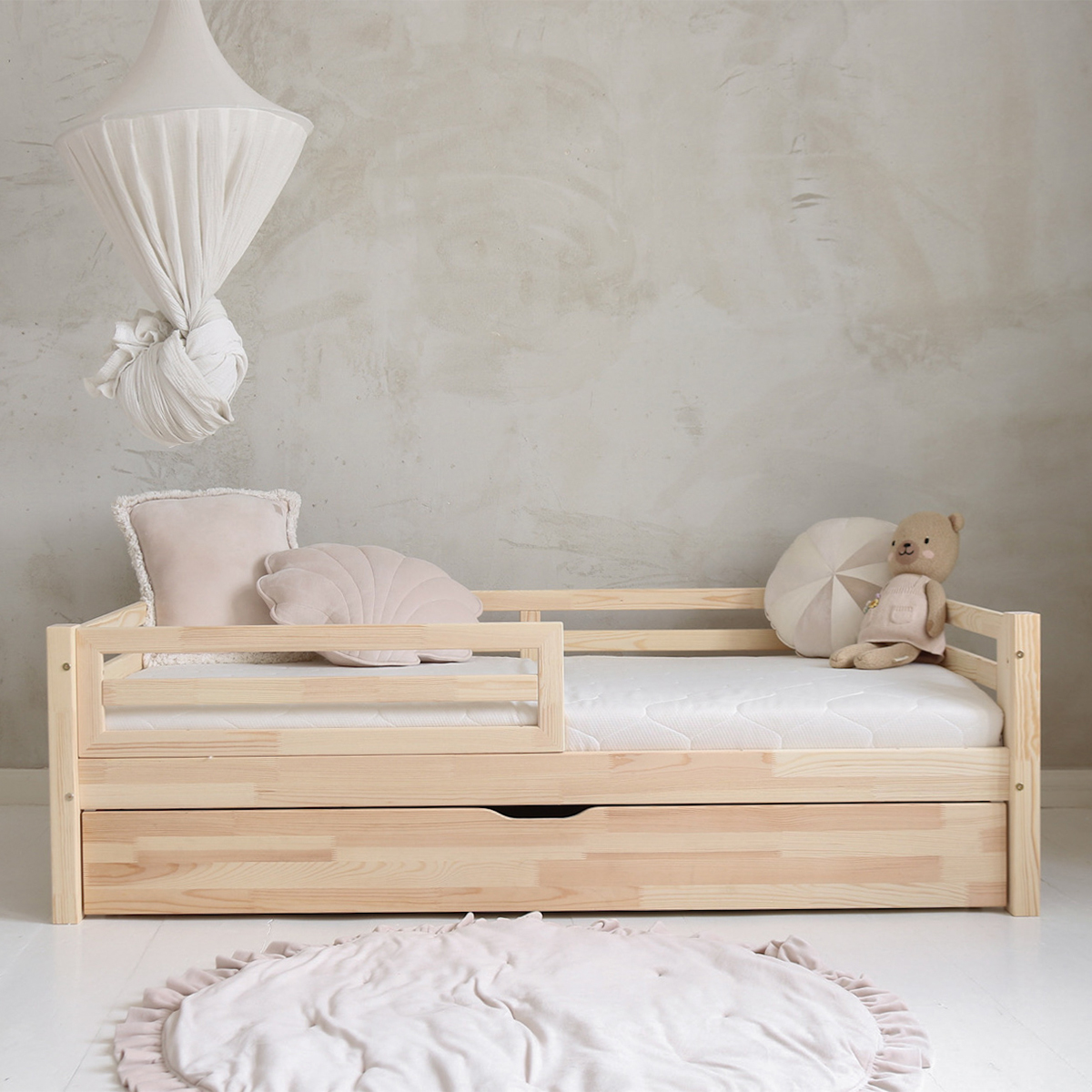 Lit 90x190 barrière sommier et tiroir inclus Myléna - Bois