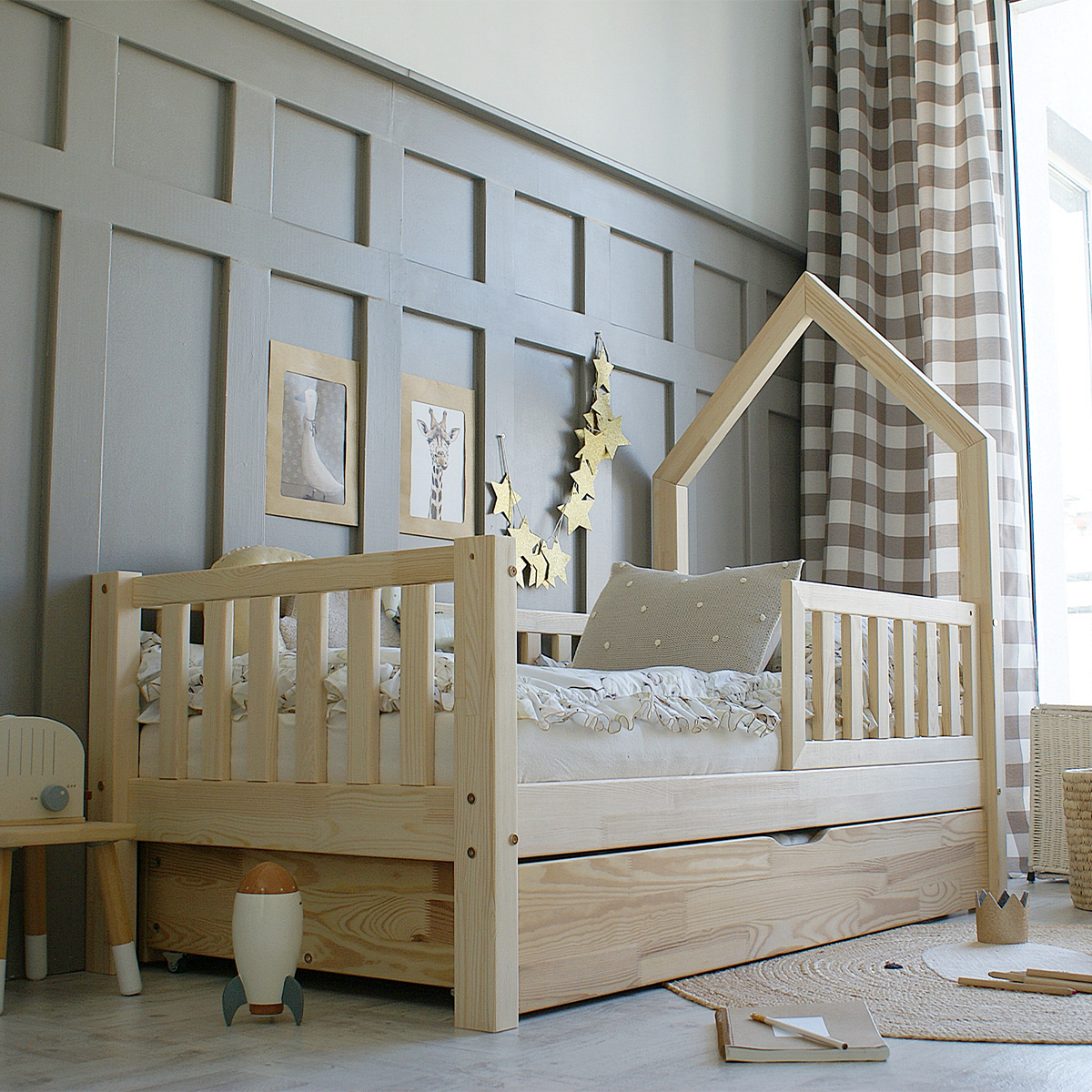 Lit cabane 90x190 barrière sommier et tiroir inclus Lorine - Bois