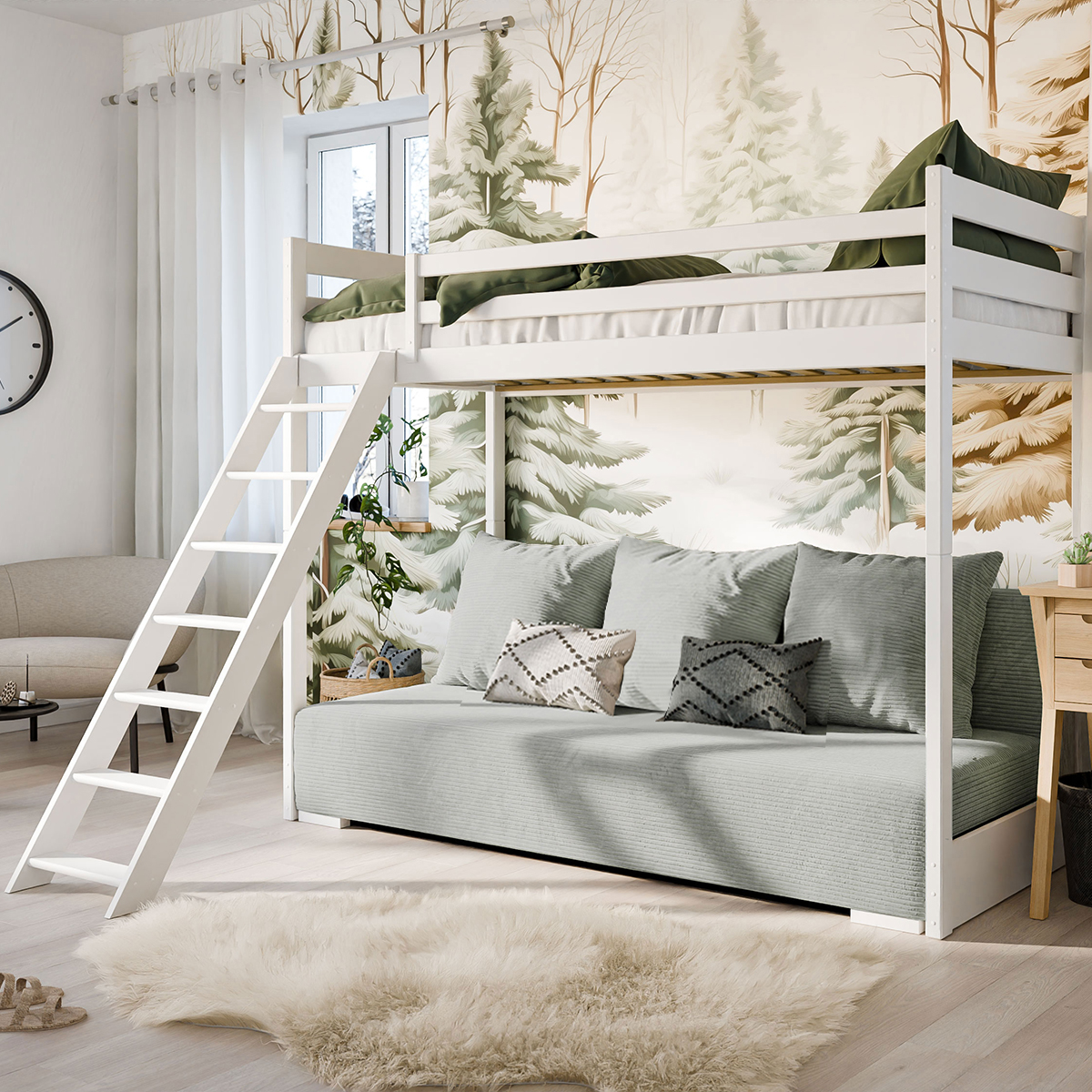 Lit mi-hauteur 90x200 sommier et canapé inclus Orlane - Blanc et gris