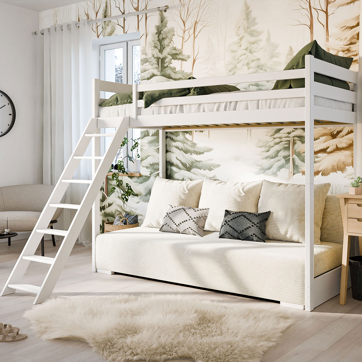 Lit mi-hauteur 90x200 sommier et canapé inclus Orlane - Blanc et blanc cassé