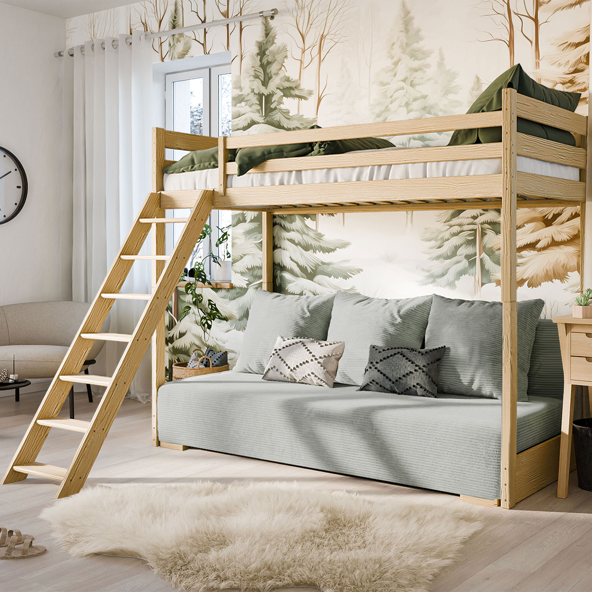 Lit mi-hauteur 90x200 sommier et canapé inclus Orlane - Bois et gris