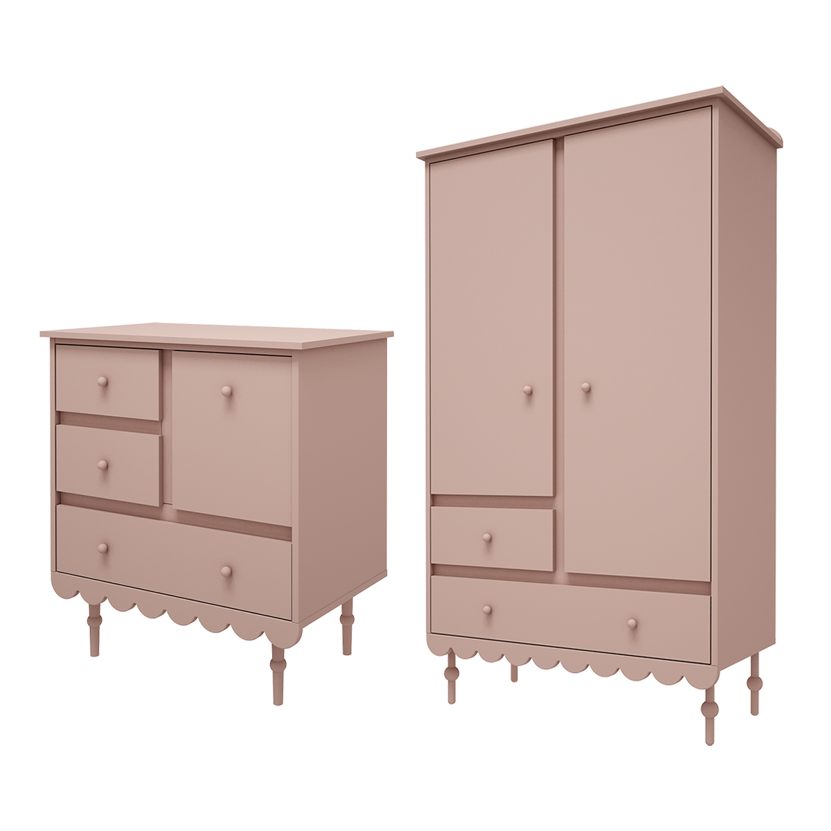 Commode 3 tiroirs et armoire 2 portes Wood Luck Babushka - Rose